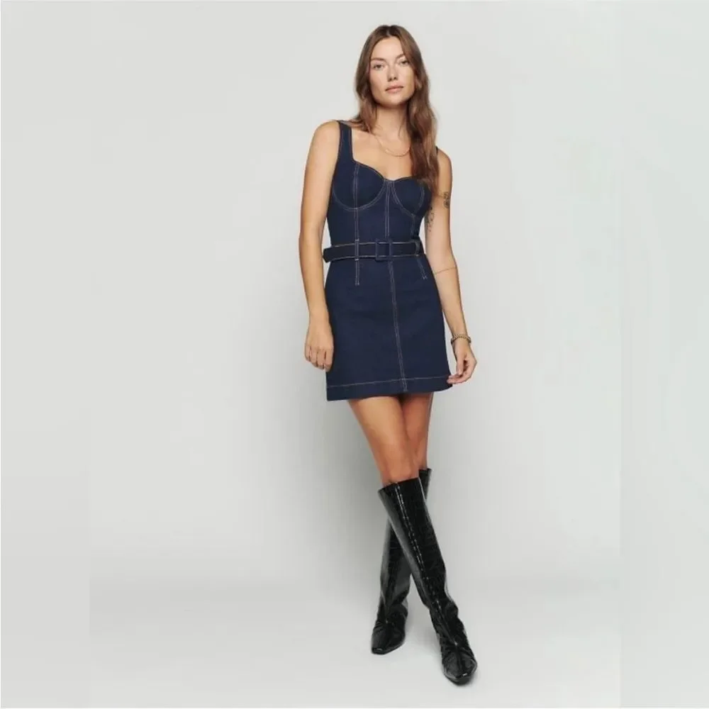 NEW Reformation Joanne Belted Denim Dress in a dark wash